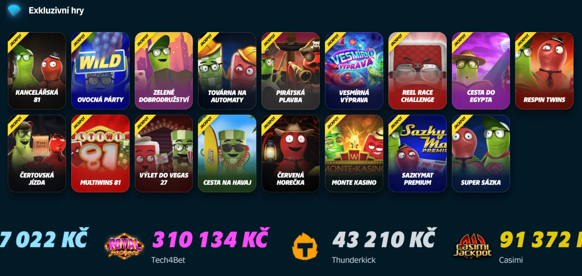 Exkluzivní hry s jackpoty – Hrajte tituly jako Kancelářská 81, Výlet do Vegas 27 a Super Radioservis Exkluzivní jackpotové hry jako Kancelářská 81, Ovocná párty, Monte Kasino a další s výhrami až 310 134 Kč